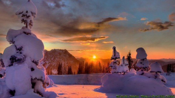 Snowy sunset is there