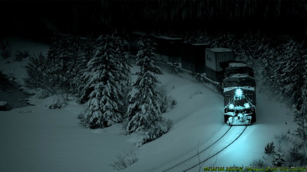 Snowy train at the night